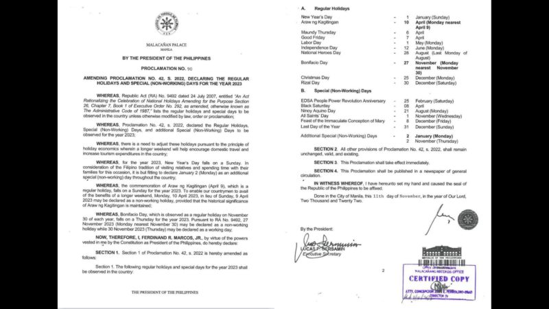 Malakanyang inilabas ang listahan ng 2023 Holidays; Jan 2. idineklarang special non-working day ni Pangulong Marcos