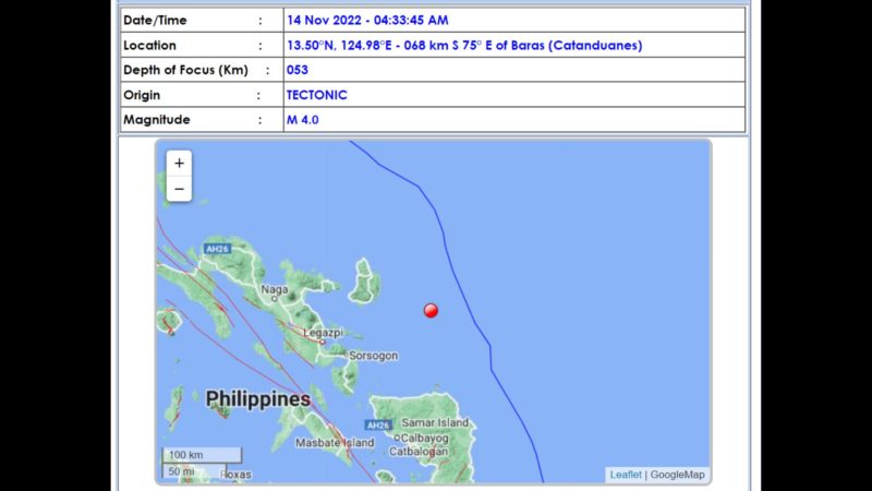Magnitude 4.0 na lindol tumama sa Catanduanes at Eastern Samar
