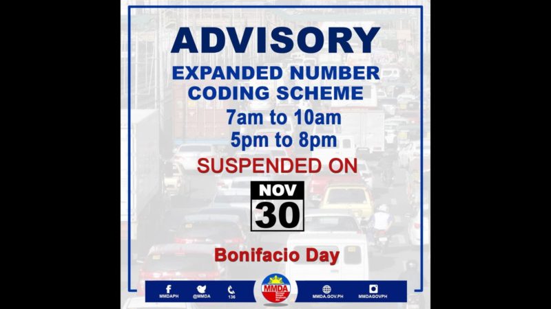 Pag-iral ng number coding suspendido bukas (Nov. 30) ayon sa MMDA