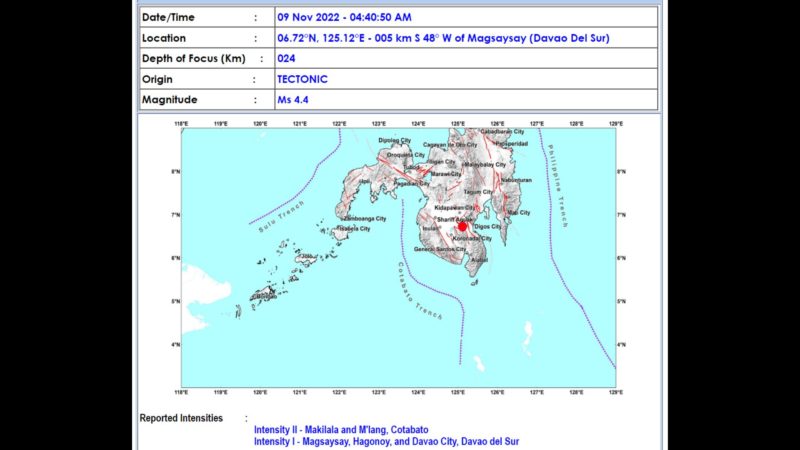 Magsaysay, Davao Del Sur niyanig ng magnitude 4.4 na lindol