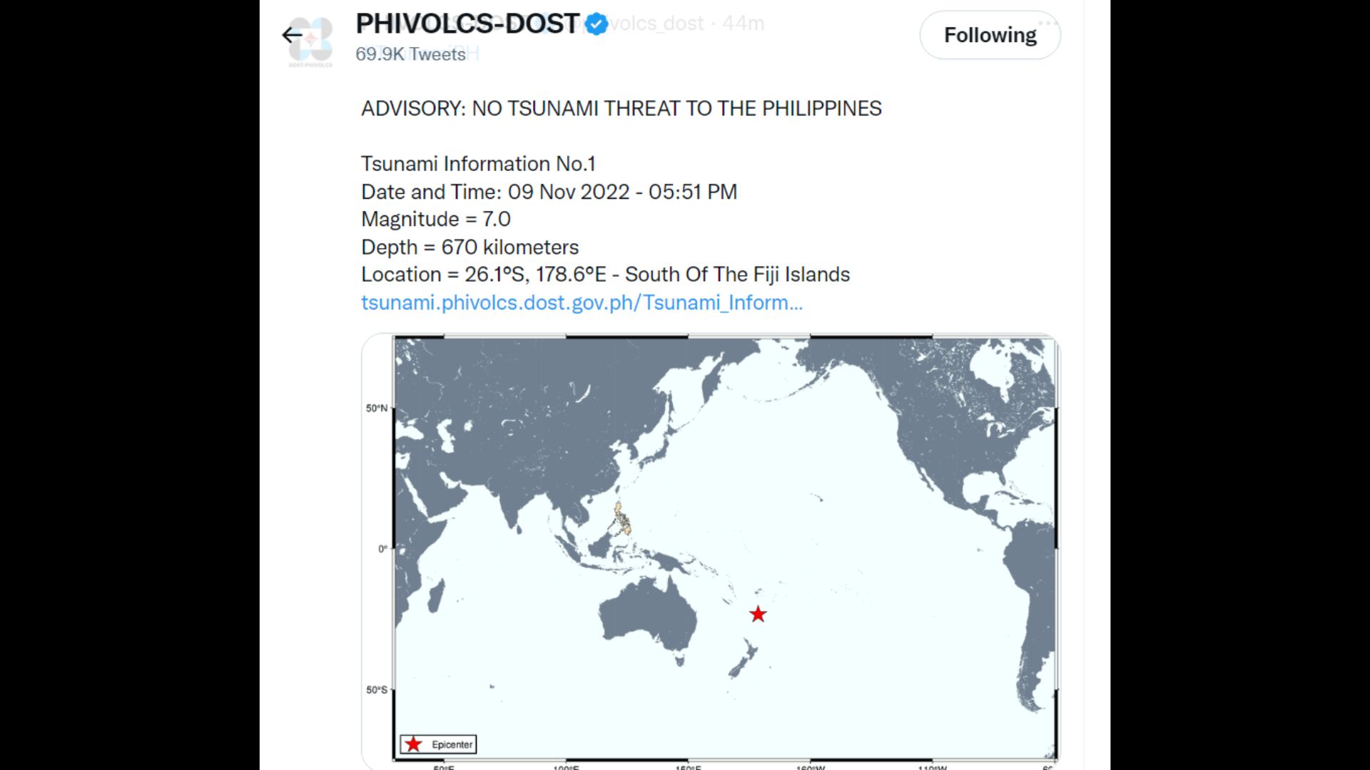 Tatlong malalakas na pagyanig tumama sa Fiji Islands; banta ng tsunami pinawi ng Phivolcs