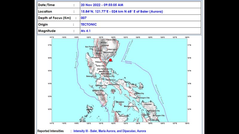 Baler, Aurora niyanig ng magnitude 4.1 na lindol