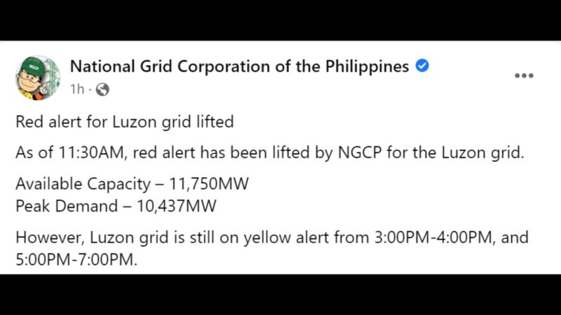 Pagpapairal ng Red Alert sa Luzon Grid binawi na ng NGCP
