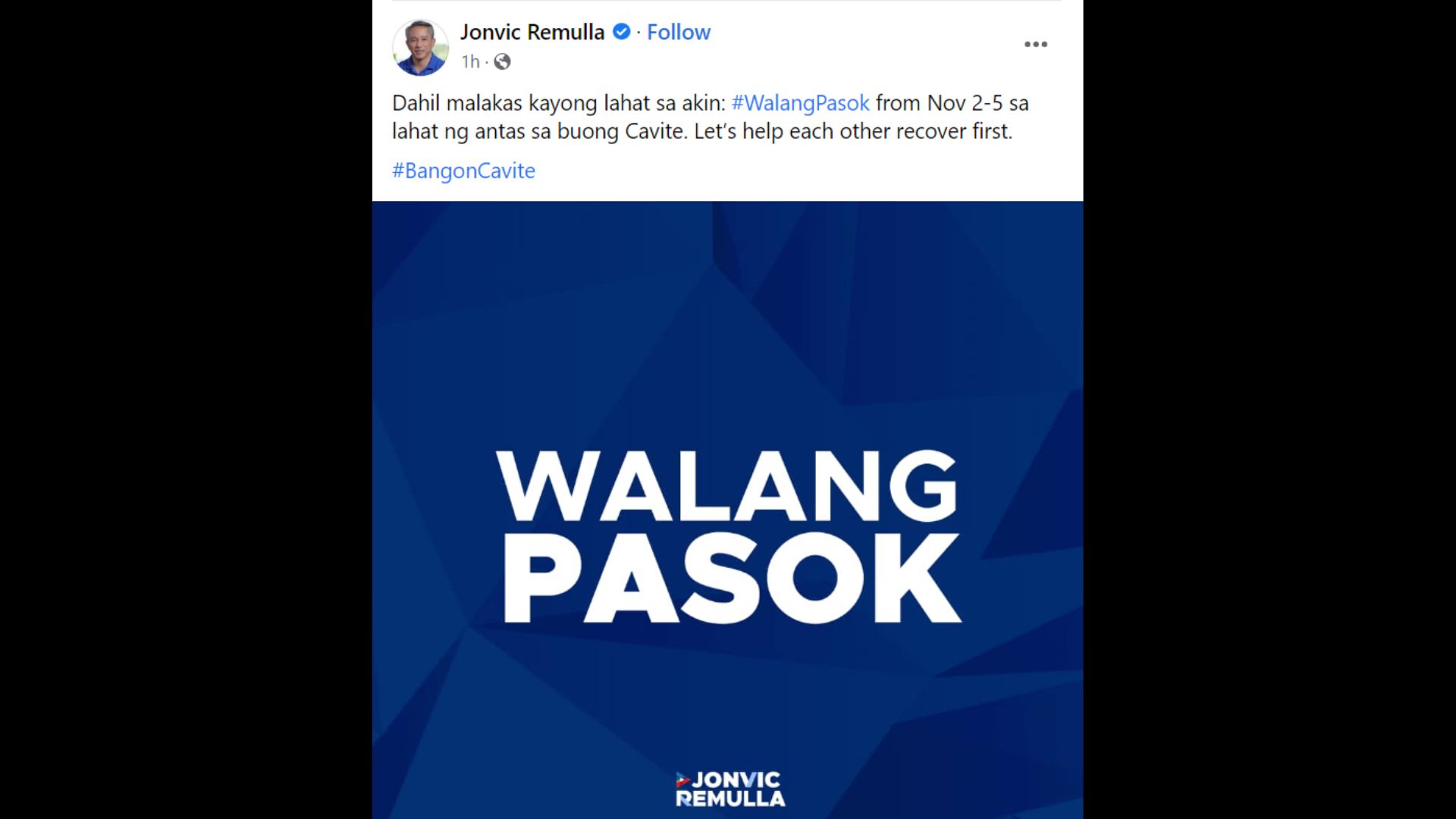 Pasok sa lahat ng antas sa lalawigan ng Cavite suspendido hanggang Nov. 5