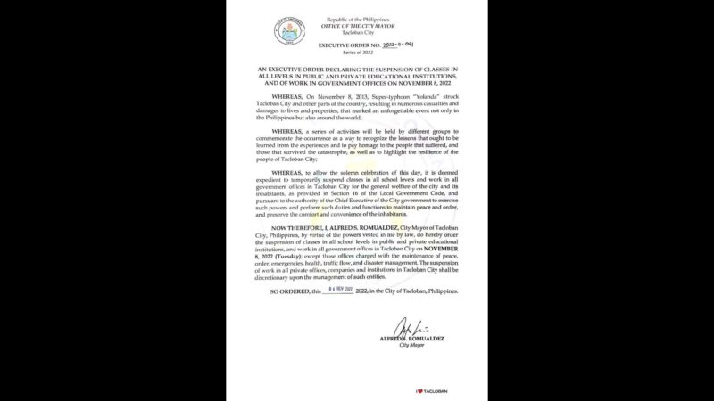 Klase at pasok sa gobyerno sa Tacloban City at 3 pang bayan sa Leyte suspendido sa anibersaryo ng pananalasa ng bagyong Yolanda