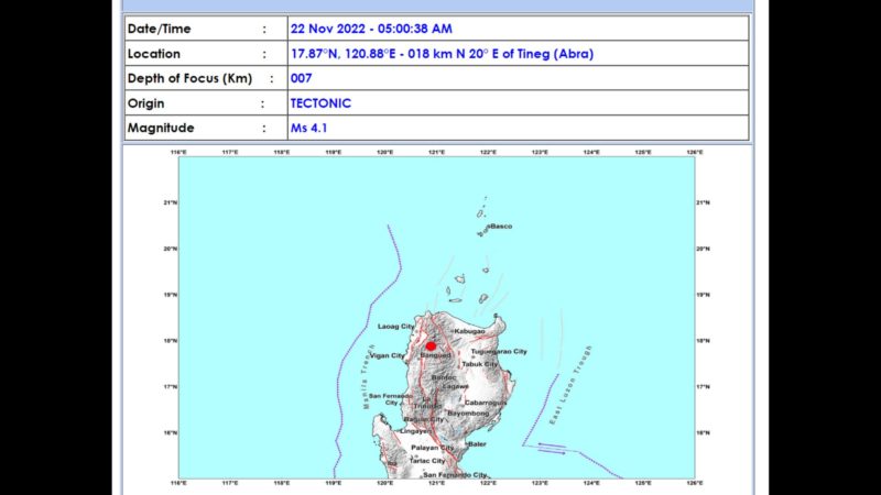 Tineg, Abra niyanig ng magnitude 4.1 na lindol