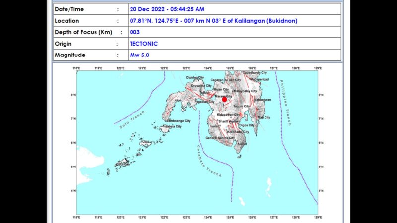 Bukidnon niyanig ng magnitude 5.0 na lindol