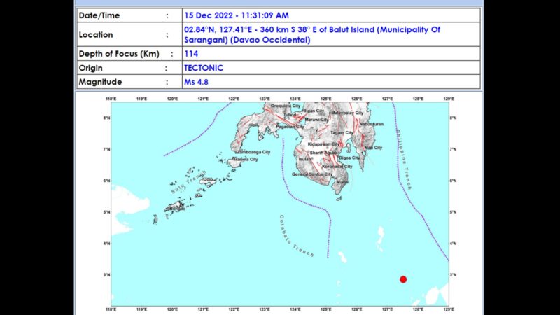Davao Occidental niyanig ng magnitude 4.8 na lindol