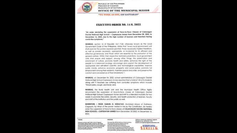 F2F classes sa isang paaralan sa Cagayan sinuspinde; 145 na estudyante nakaranas ng sintomas ng COVID-19