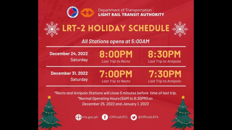 LRT-2 magpapatupad ng shortened operations sa Dec. 24 at Dec. 31