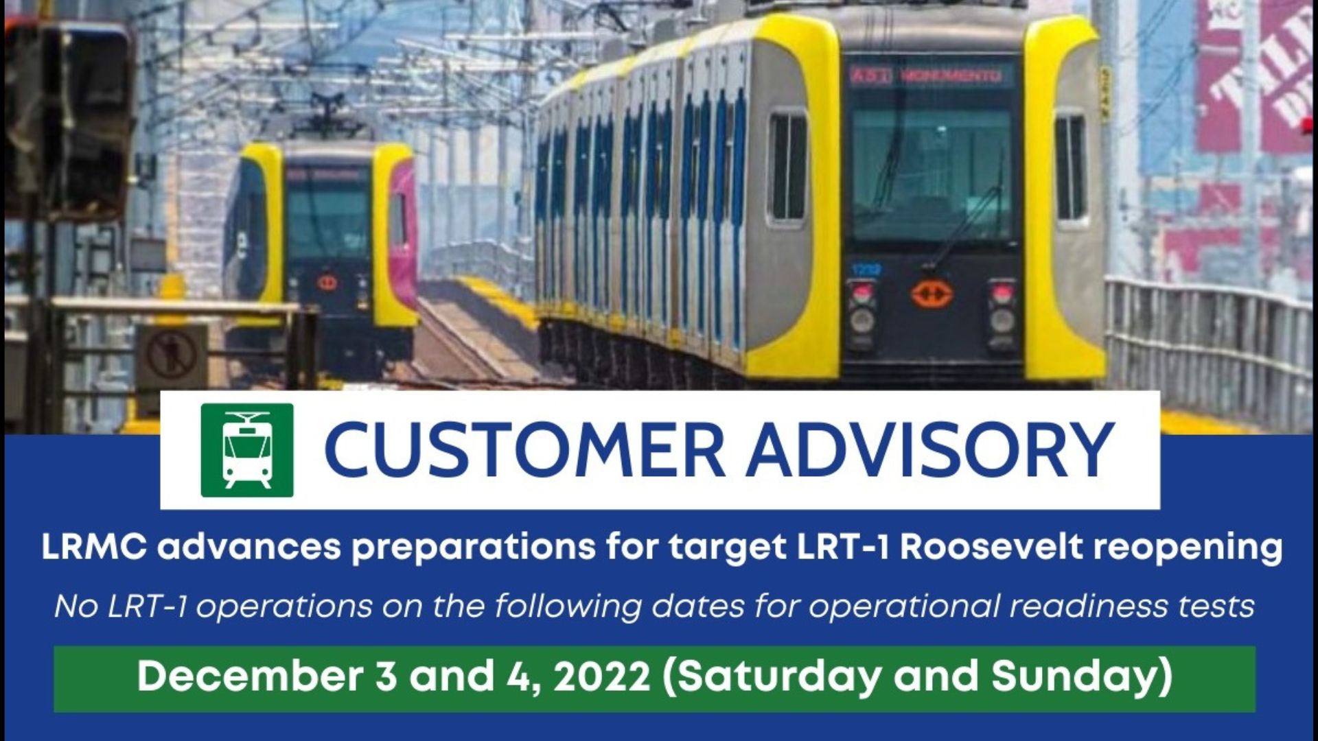 LRT-1 walang biyahe sa darating na weekend