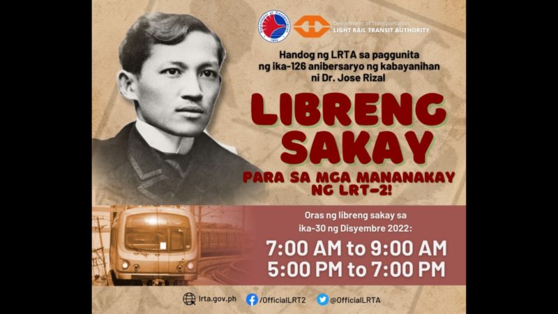 LRT-2 may handog na libreng sakay sa Dec. 30, Rizal Day