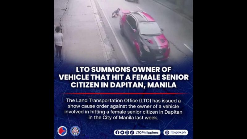 May-ari ng sasakyan na nakasagasa sa isang senior citizen sa Maynila ipinatawag ng LTO