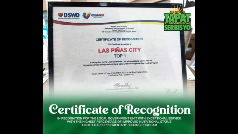 Las Piñas City pinarangalan ng DSWD sa pagpapatupad ng supplementary feeding program