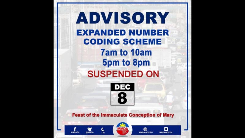 Pag-iral ng number coding suspendido sa Huwebes (Dec. 8) ayon sa MMDA