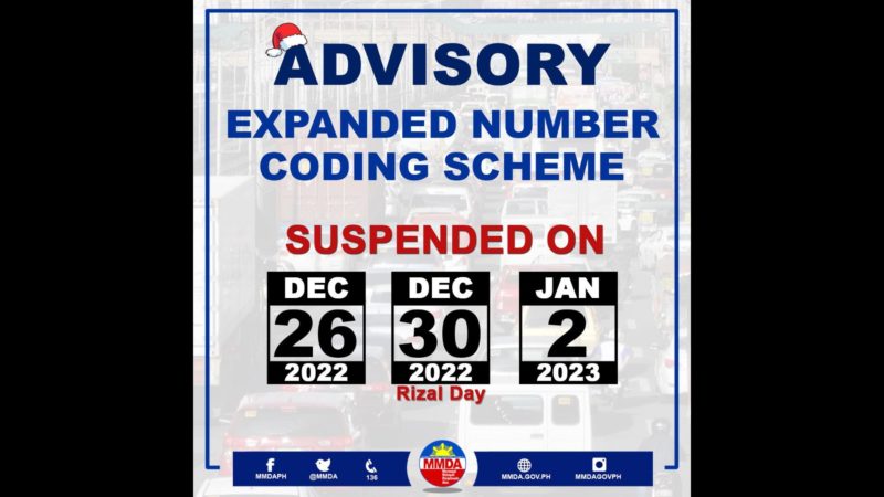 Number coding suspendido sa Dec. 26, Dec. 30 at Jan 2