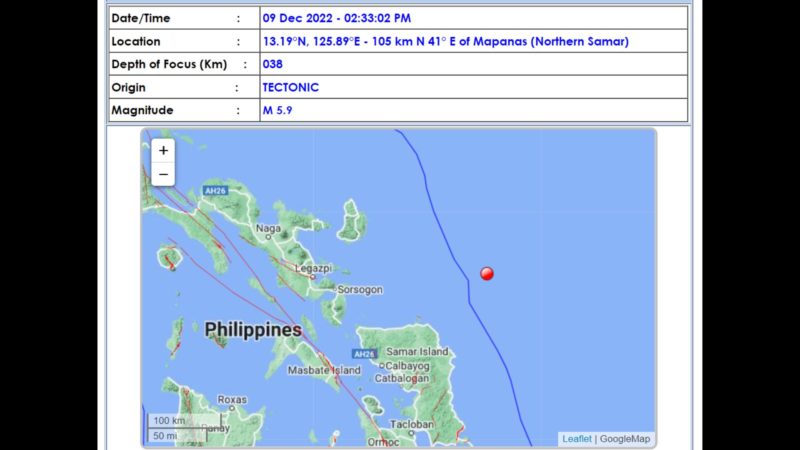 Mapanas, Northern Samar niyanig ng magnitude 5.9 na lindol