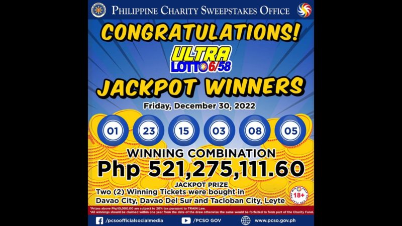 Bettor mula Davao City at Tacloban City maghahati sa P521M na jackpot sa Ultra Lotto