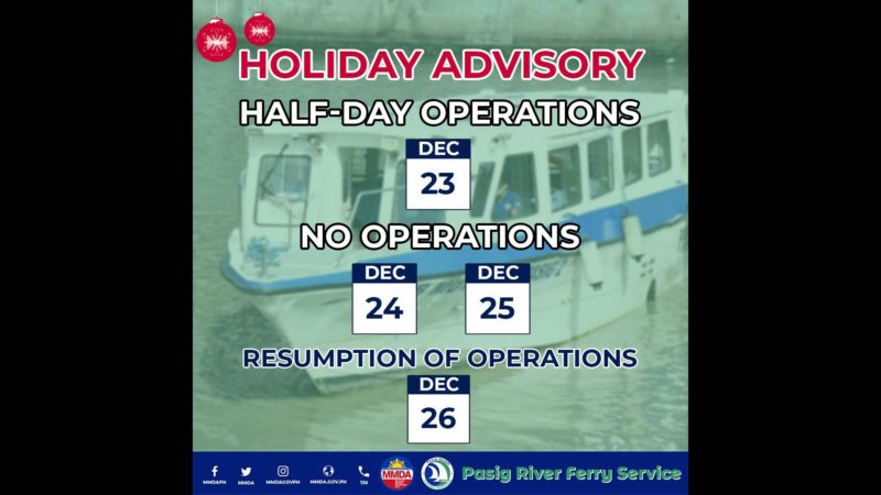 Pasig River Ferry walang operasyon sa Dec. 24 at Dec. 25