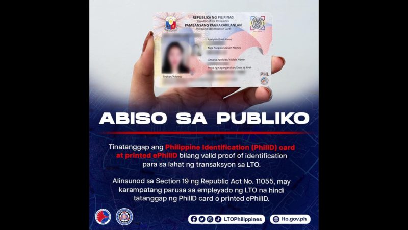 PhilID card at ePhilID tinatanggap sa mga transaksyon sa LTO