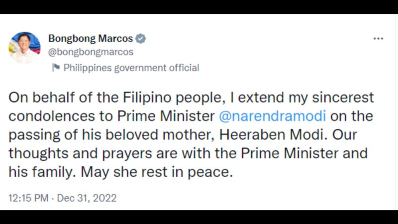 Pangulong Marcos nagpaabot ng pakikiramay sa pagpanaw ng nanay ni Indian PM Narendra Modi