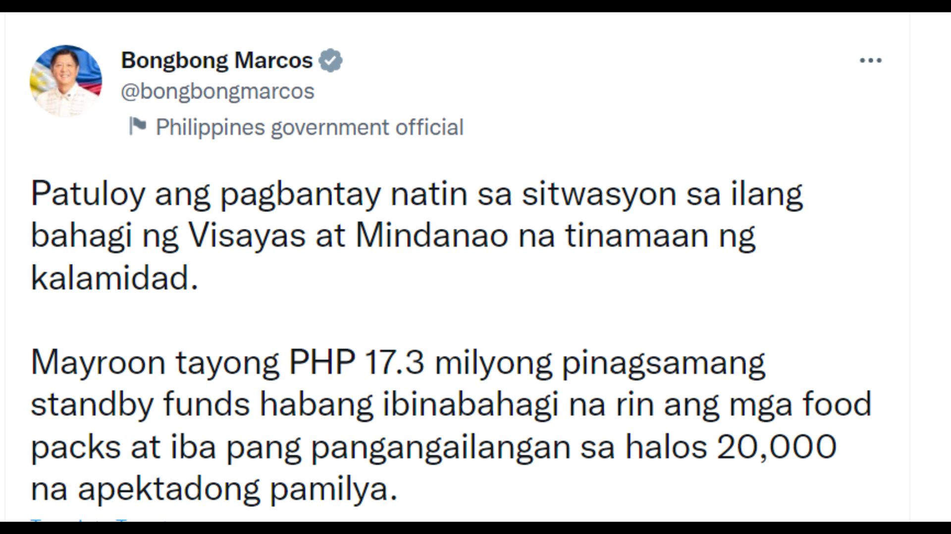 P17.3M na standby funds inilaan ng pamahalaan sa mga biktima ng pag-ulan at pagbaha sa Visayas at Mindanao