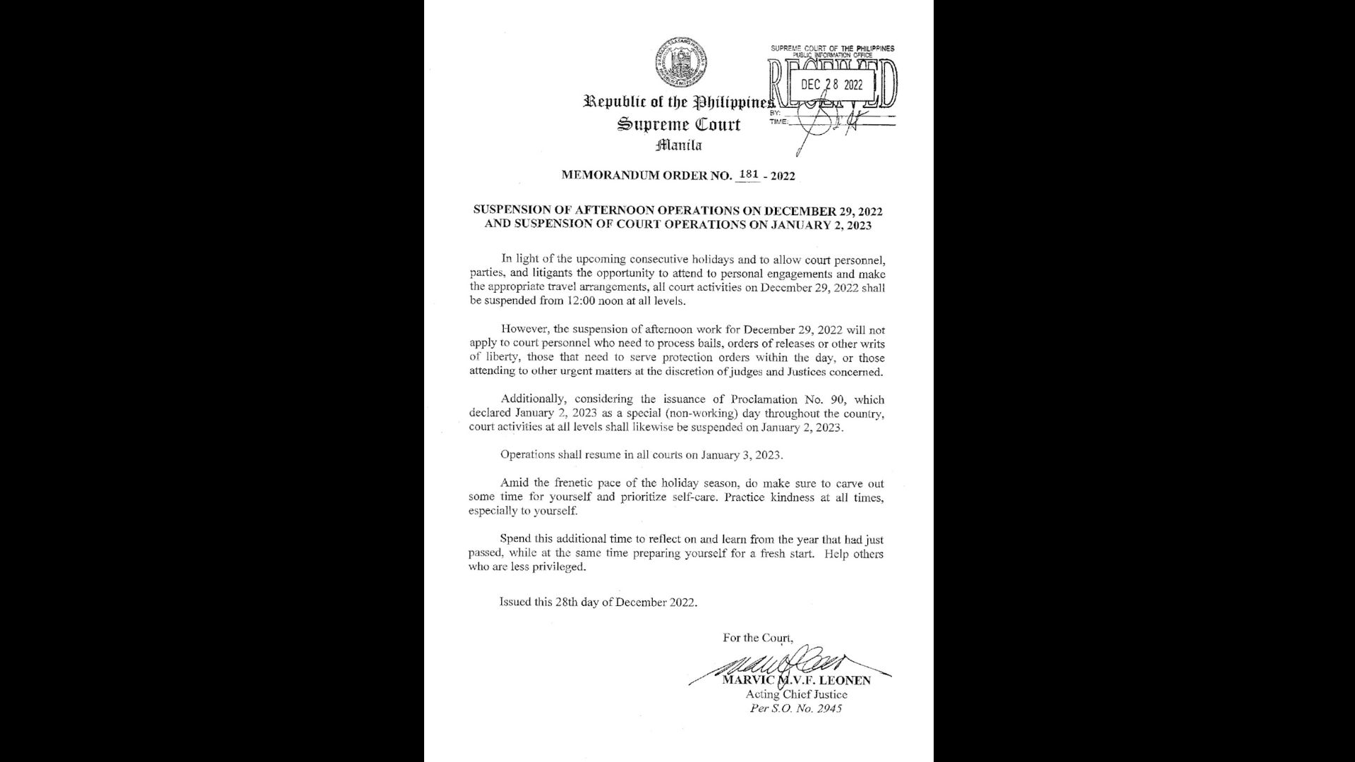 Half-day work ipatutupad sa mga korte bukas, Dec. 29