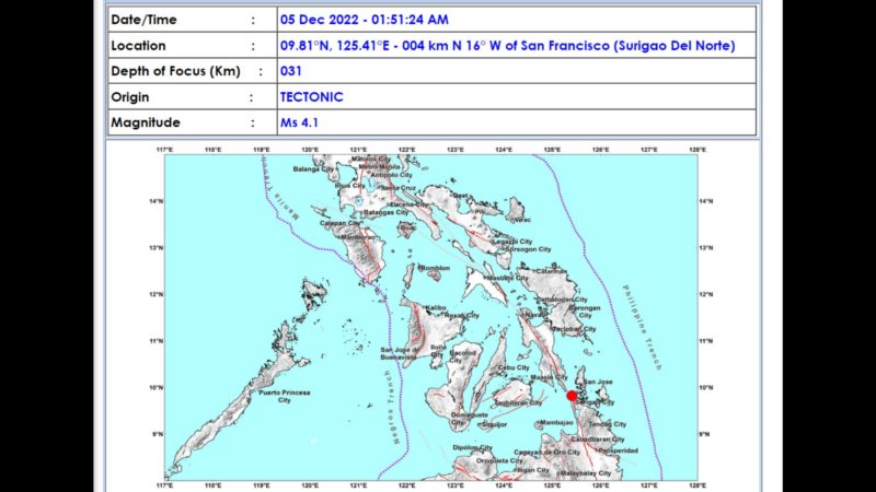 Surigao del Norte niyanig ng magnitude 4.1 na lindol