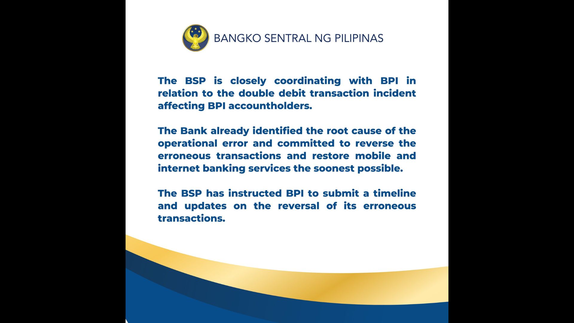 Insidente ng double debit transaction sa mga customer ng BPI masusing binabantayan ng BSP