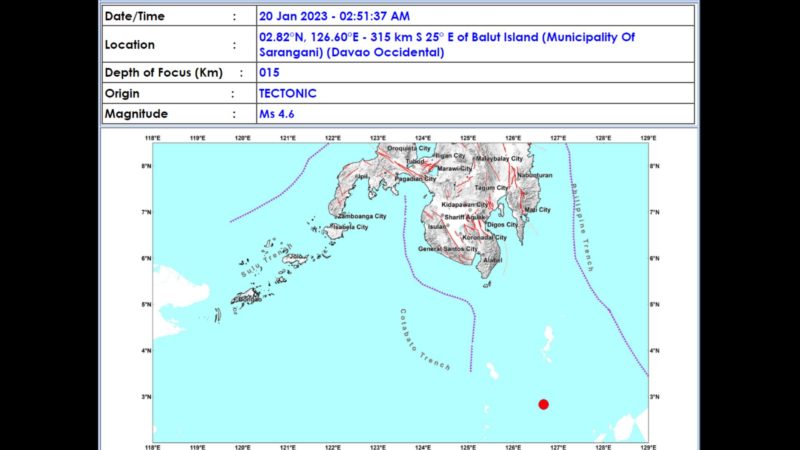 Sarangani, Davao Occidental niyanig ng magnitude 4.6 na lindol