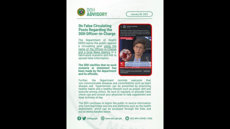 DOH binalaan ang publiko sa mga peke at malisyosong impormasyon gamit ang larawan ni Usec. Vergeire