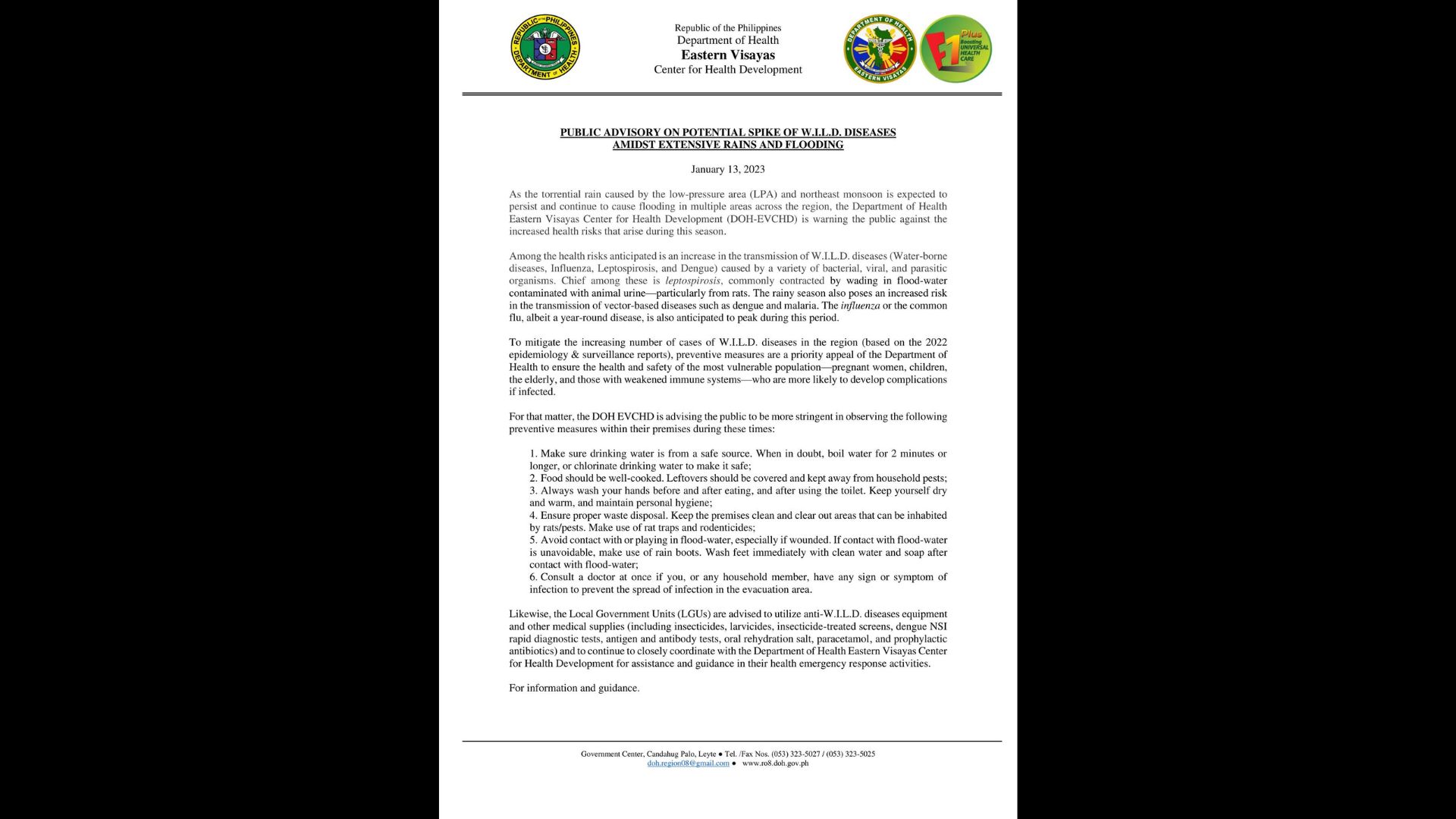 DOH-Region 8 nagbabala sa posibleng pagtaas ng water-borne diseases, influenza, leptospirosis at dengue