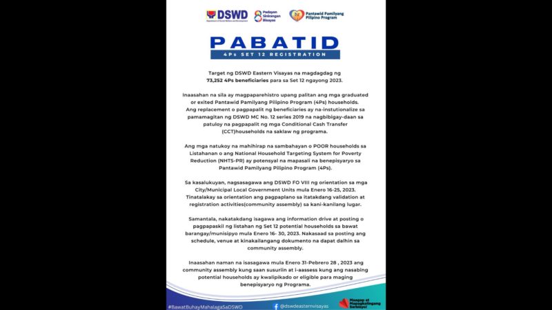 DSWD magdaragdag ng mahigit 73,000 4Ps beneficiaries sa Eastern Visayas