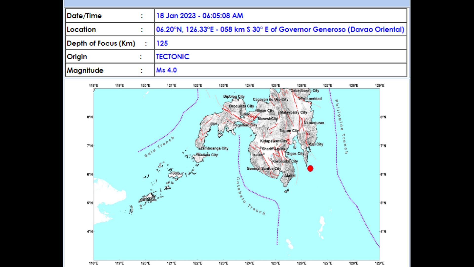 Davao Oriental niyanig ng magnitude 4.0 na lindol