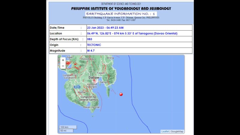 Tarragona, Davao Oriental niyanig ng magnitude 4.7 na lindol