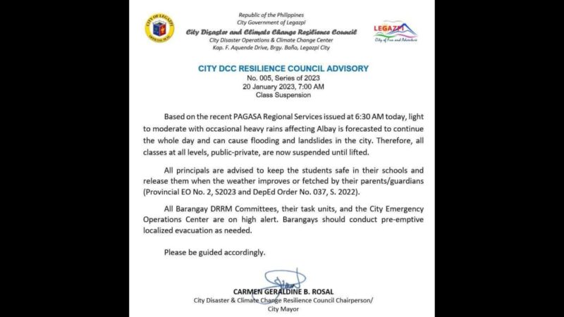 Klase sa Legazpi City, Albay suspendido dahil sa sama ng panahon