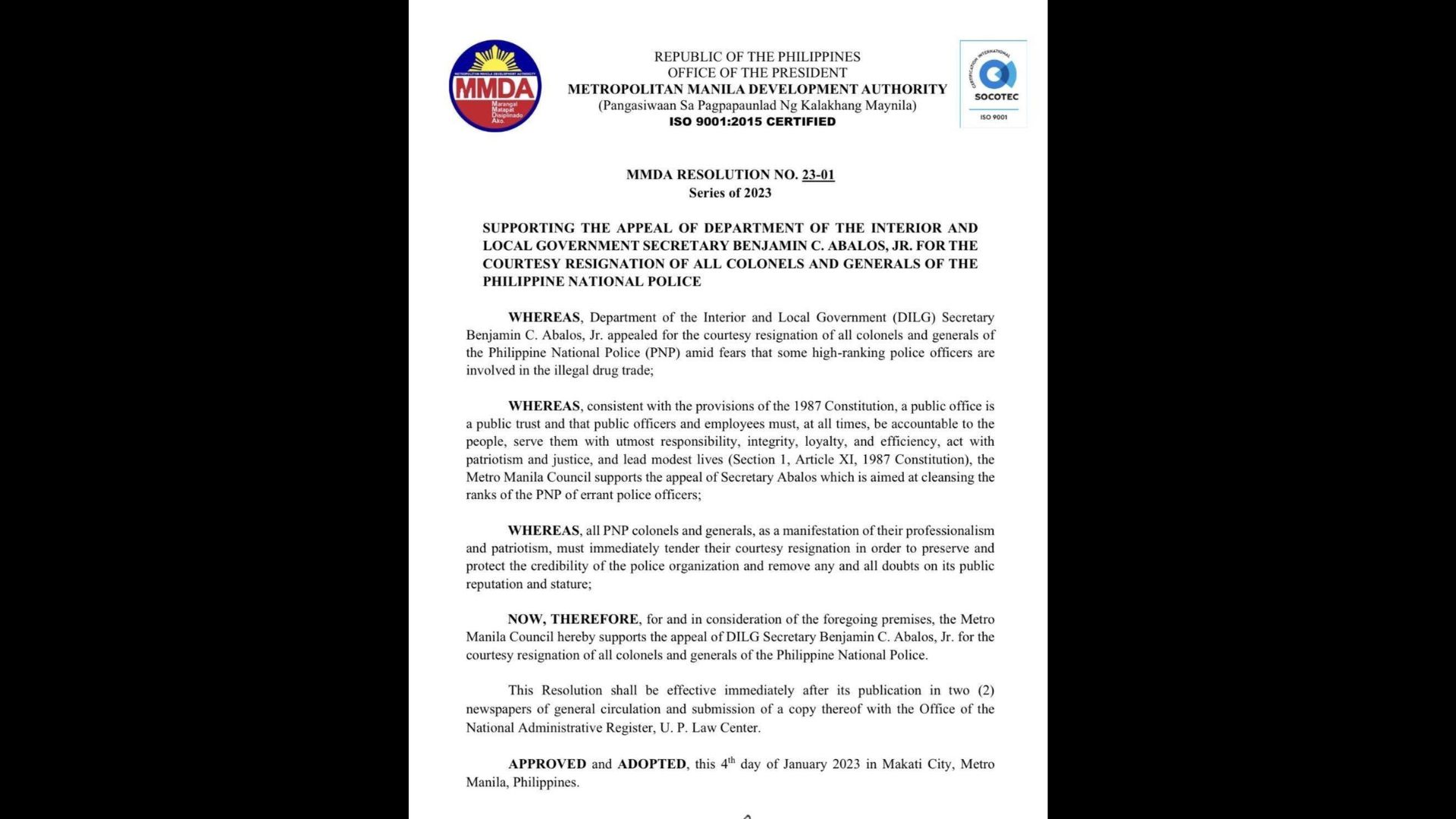 Metro Mayors suportado ang panawagan ni Abalos na maghain ng courtesy resignation ang matataas na opisyal ng PNP