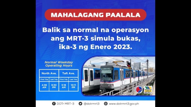 Biyahe ng MRT-3 balik sa normal simula bukas Jan. 3