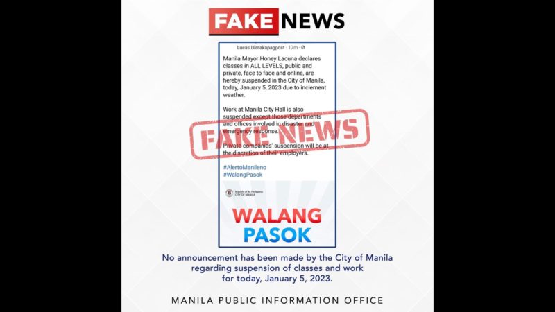 FAKE NEWS: Impormasyon hinggil sa class suspensyon sa Maynila ngayong araw, peke ayon sa LGU
