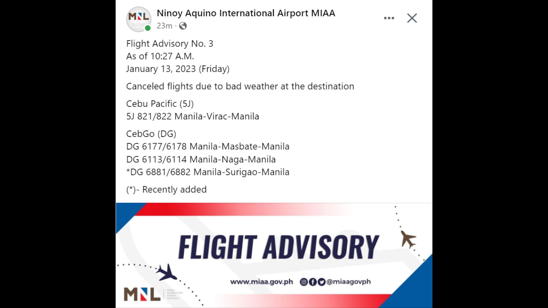 Ilang flights sa NAIA kanselado dahil sa sama ng panahon