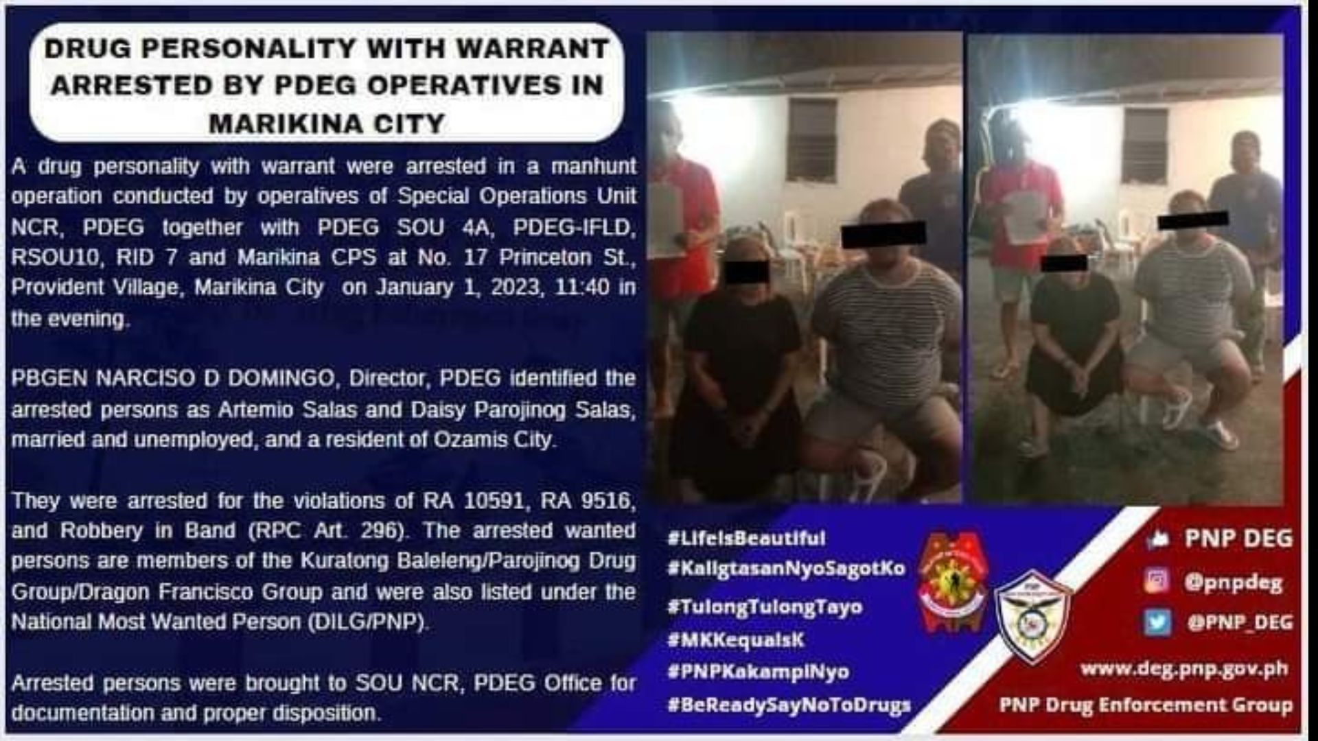 Mag-asawa mula Ozamiz City na miyembro ng Parojinog Drug Group naaresto ng PNP