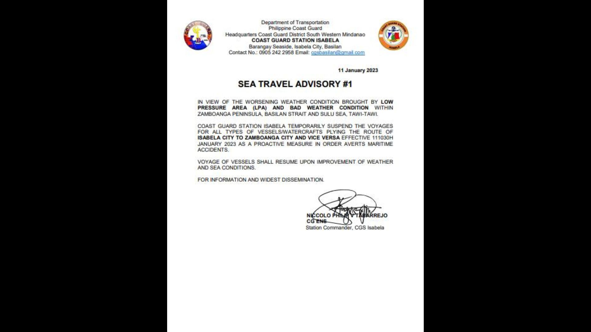 Biyahe ng mga sasakyang pandagat sa Isabela City at Zamboanga City sinuspinde ng Coast Guard