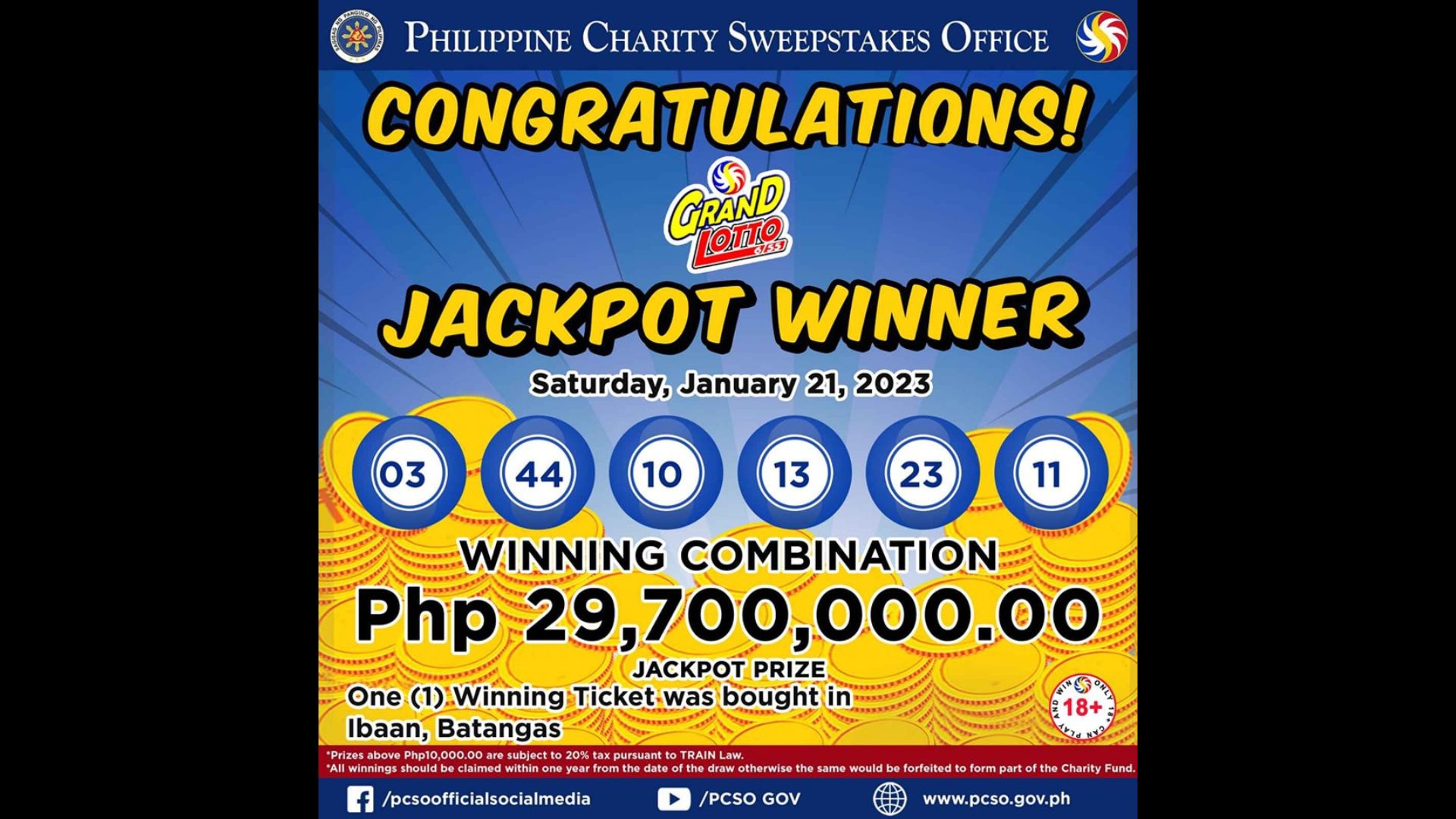 Bettor mula Batangas wagi ng mahigit P29M na jackpot sa Grand Lotto