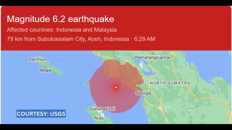 Magnitude 6.2 na lindol tumama sa Sumatra, Indonesia