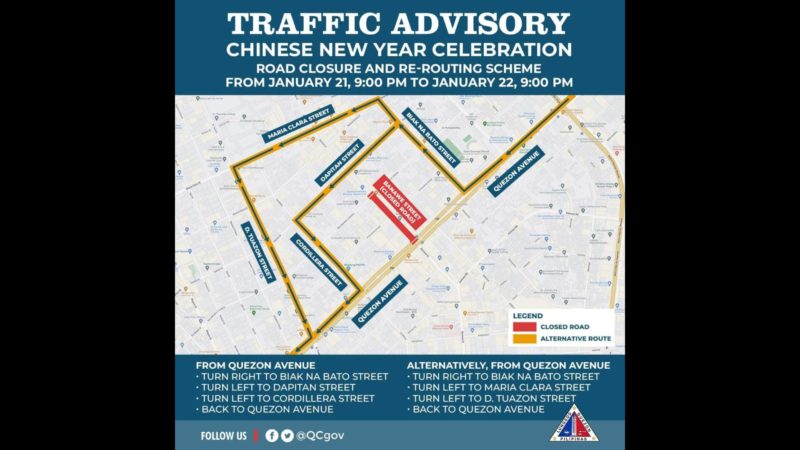 Bahagi ng Banawe sa Quezon City isasara sa daloy ng traffic sa pagdiriwang ng Chinese New Year