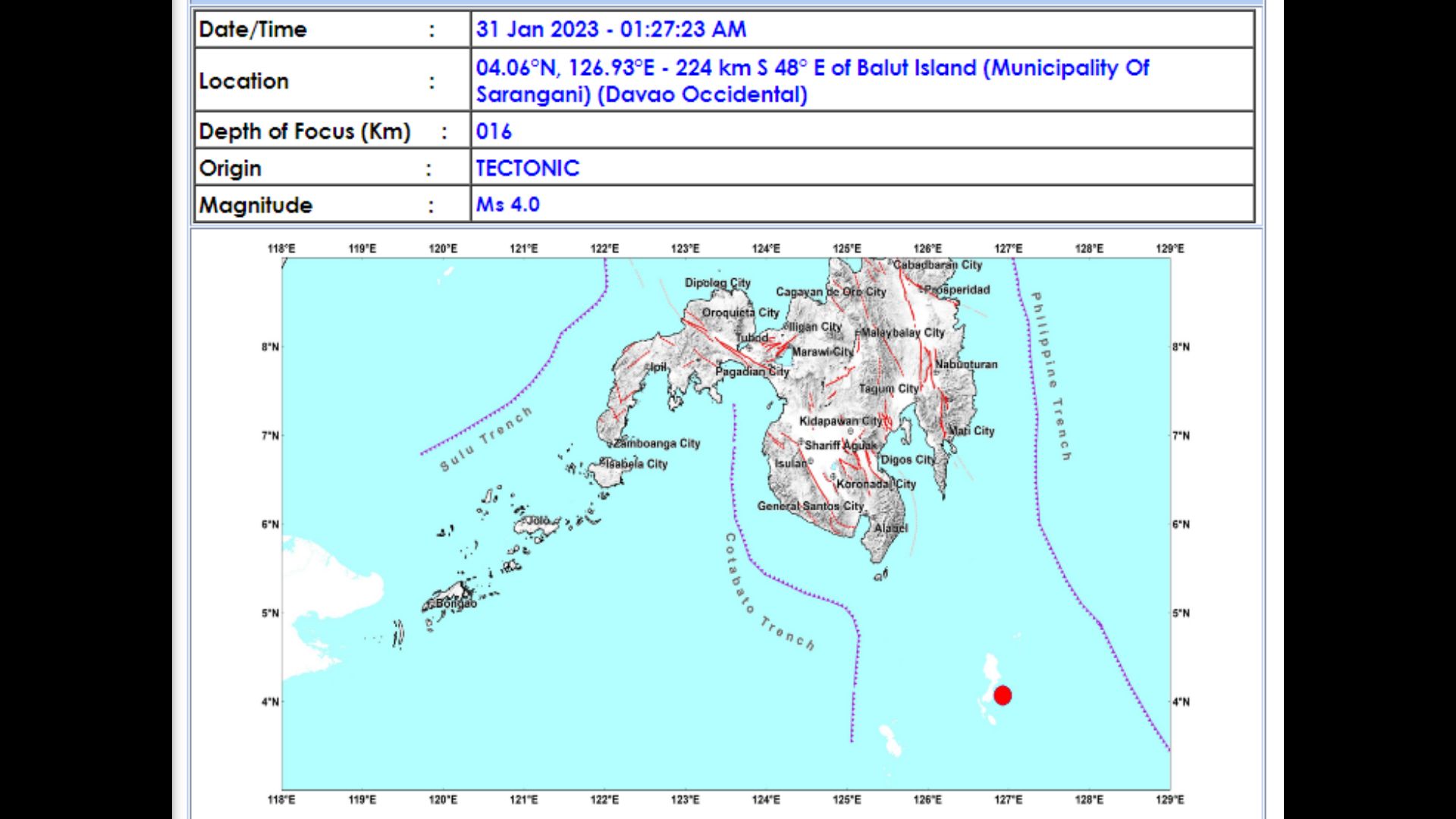 Davao Occidental niyanig ng magnitude 4.6 na lindol