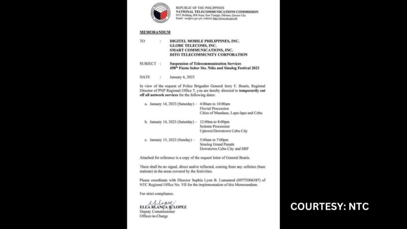 Rekomendasyon ng PNP na suspendihin ang network services para sa idaraos na Sinulog Festival sa Cebu inaprubahan ng NTC