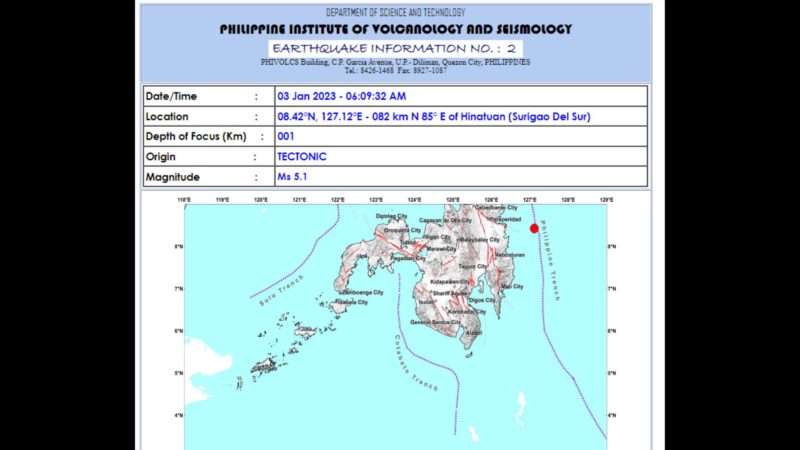 Surigao del Sur niyanig ng magnitude 5.1 na lindol
