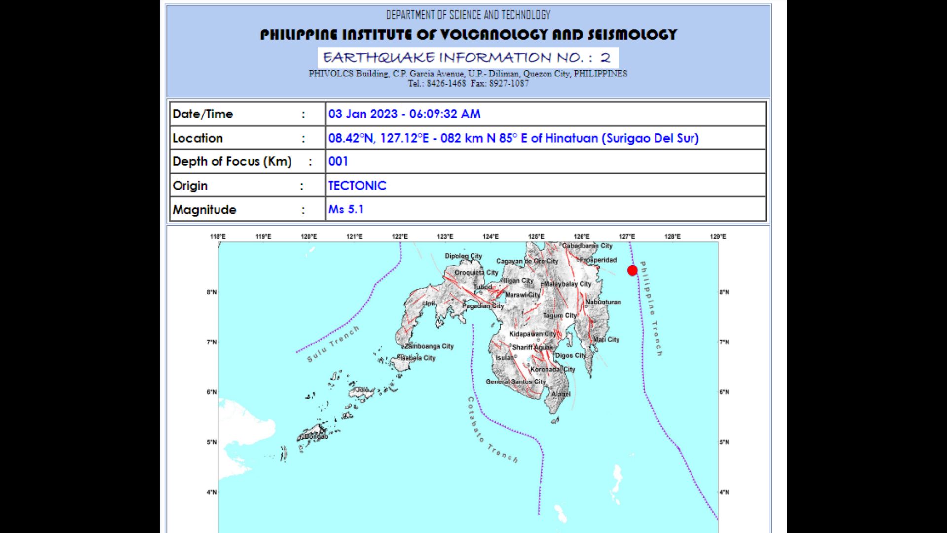 Surigao del Sur niyanig ng magnitude 5.1 na lindol