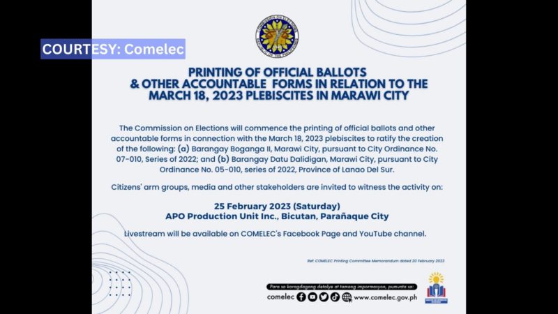 Pag-imprenta ng balota na gagamitin sa idaraos na plebisito sa Marawi City sisimulan na ng Comelec